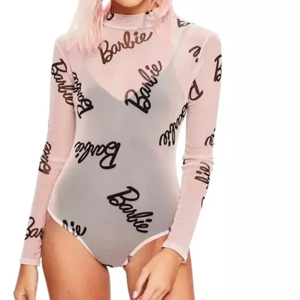 Pink Black Barbie mesh fishnet bodysuit romper jumpsuit sheer sexy lingerie doll - Picture 1 of 2